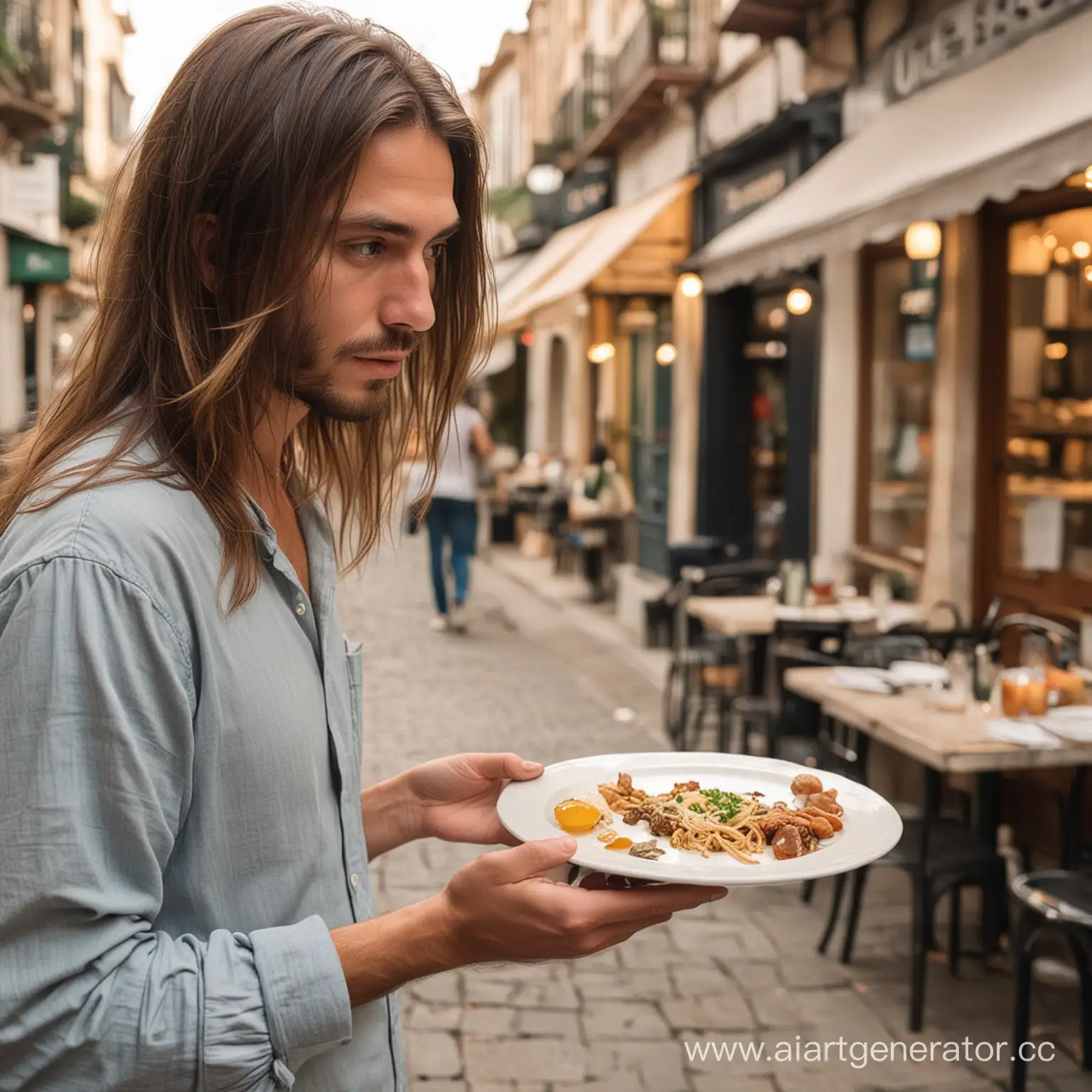 человек с тарелкой стоит, не знает, куда ему пойти, чтобы поесть, вокруг смотрят, ищет места, где покушать. у него длинные волосы
