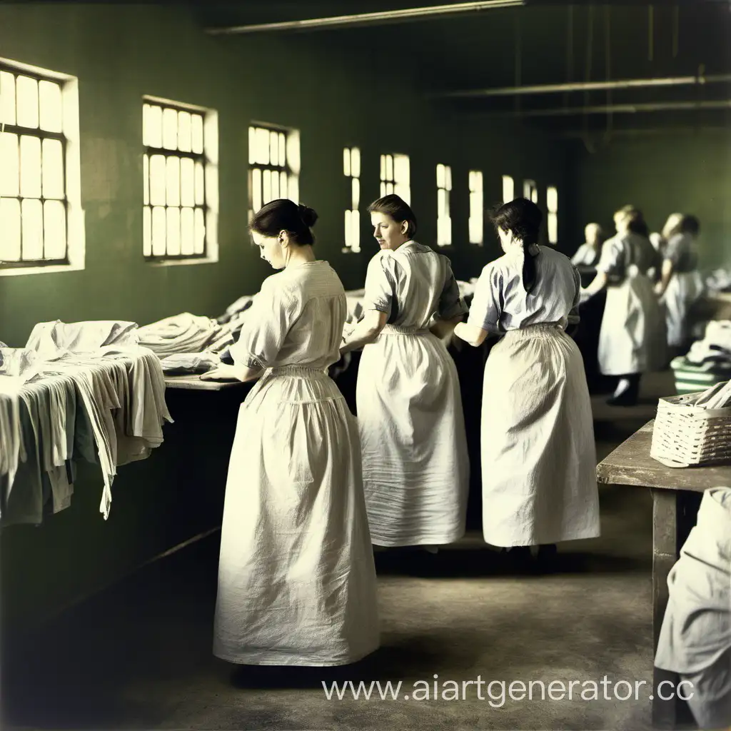 women in prison,  petticoat, caucasians, working in laundry, 