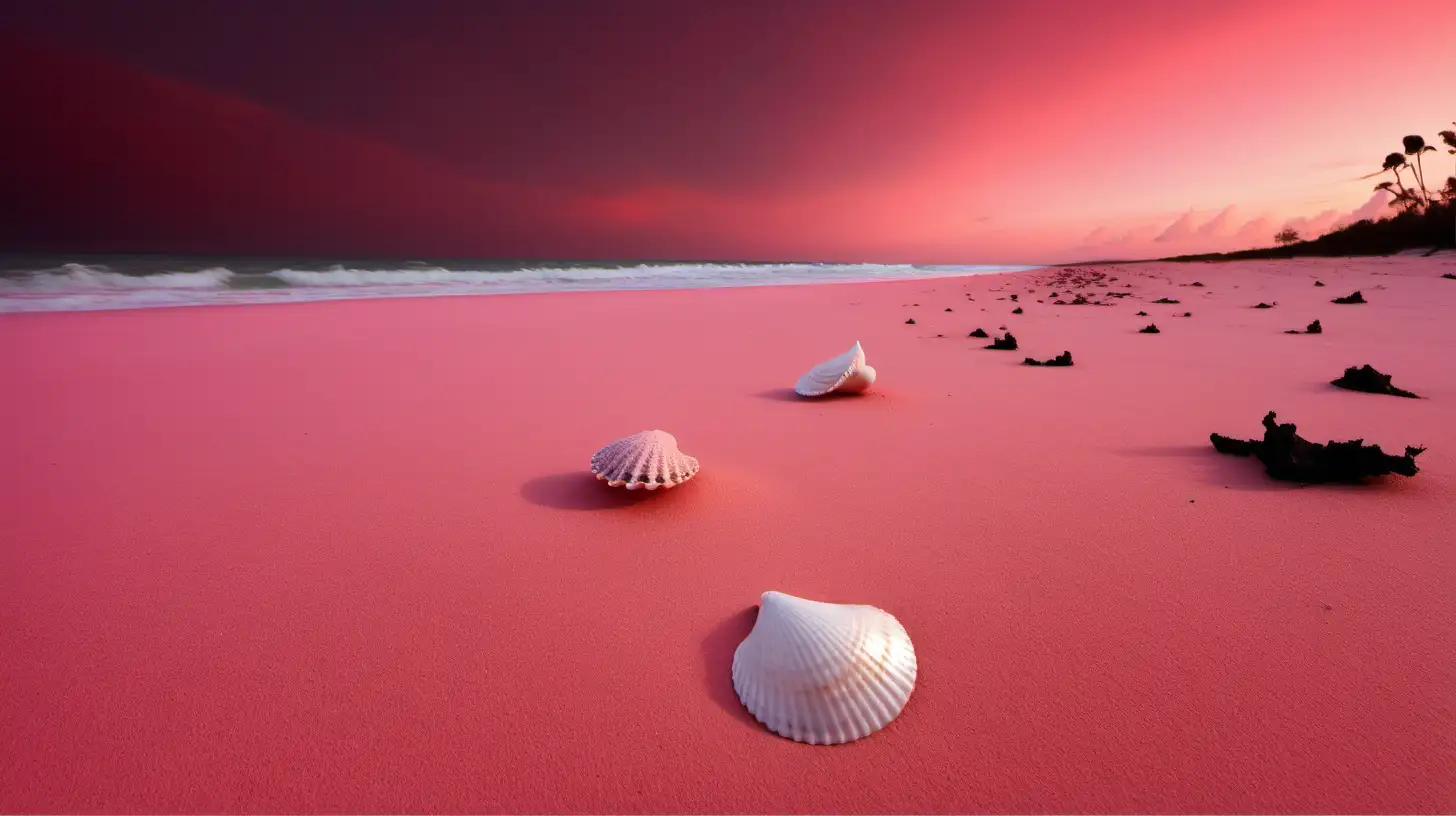 beach, pink sand, red sky, pitch black vegetation, large white seashells