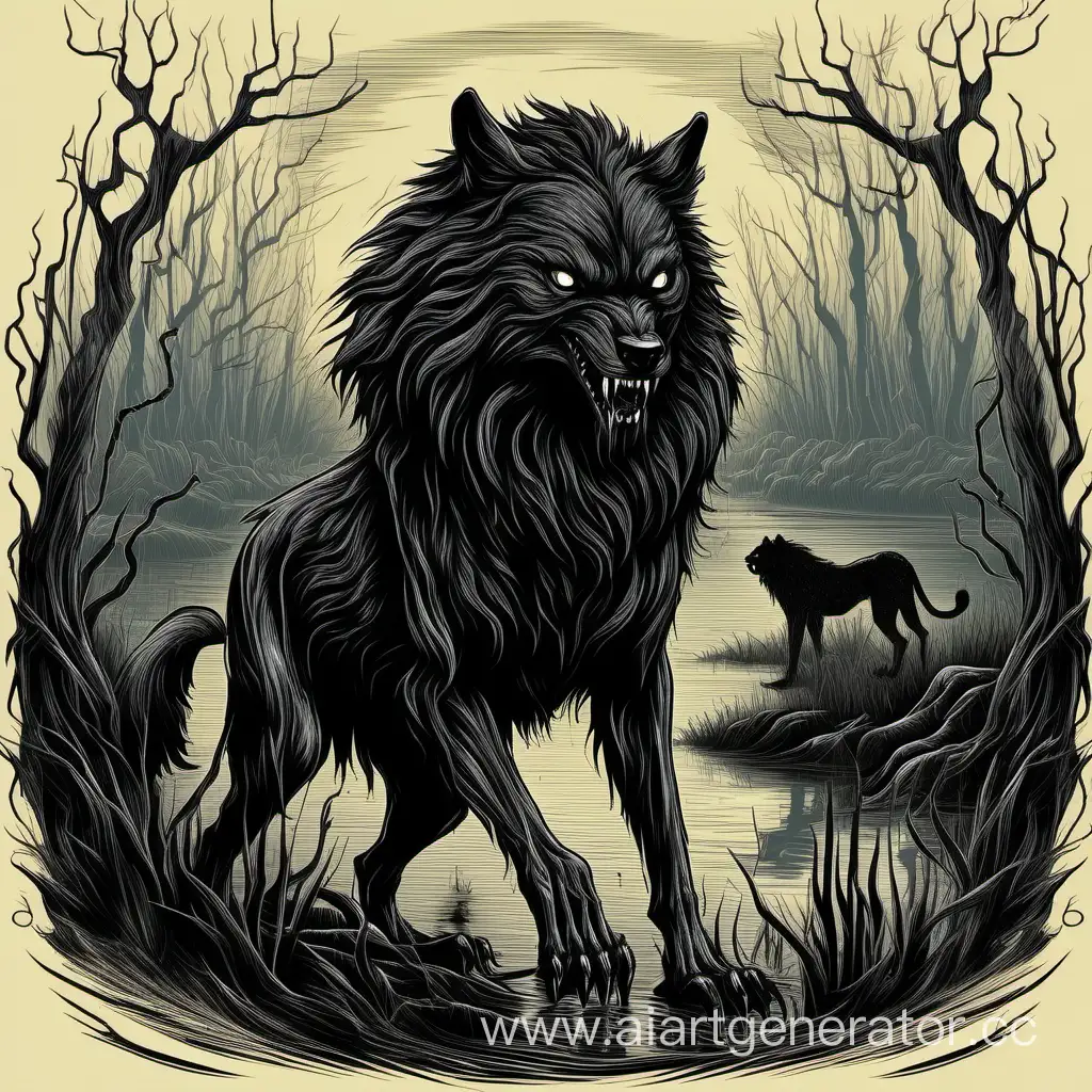 Scary black wolf made of darkness, with a lion tail, in the swamp, engrave style