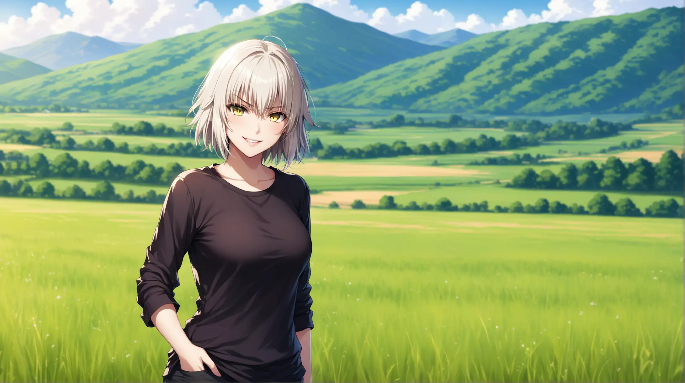 Draw the character Jeanne D'Arc Alter, high quality, natural lighting, long shot, outdoors, countryside, standing, casual pose, trendy clothing, smiling at the viewer