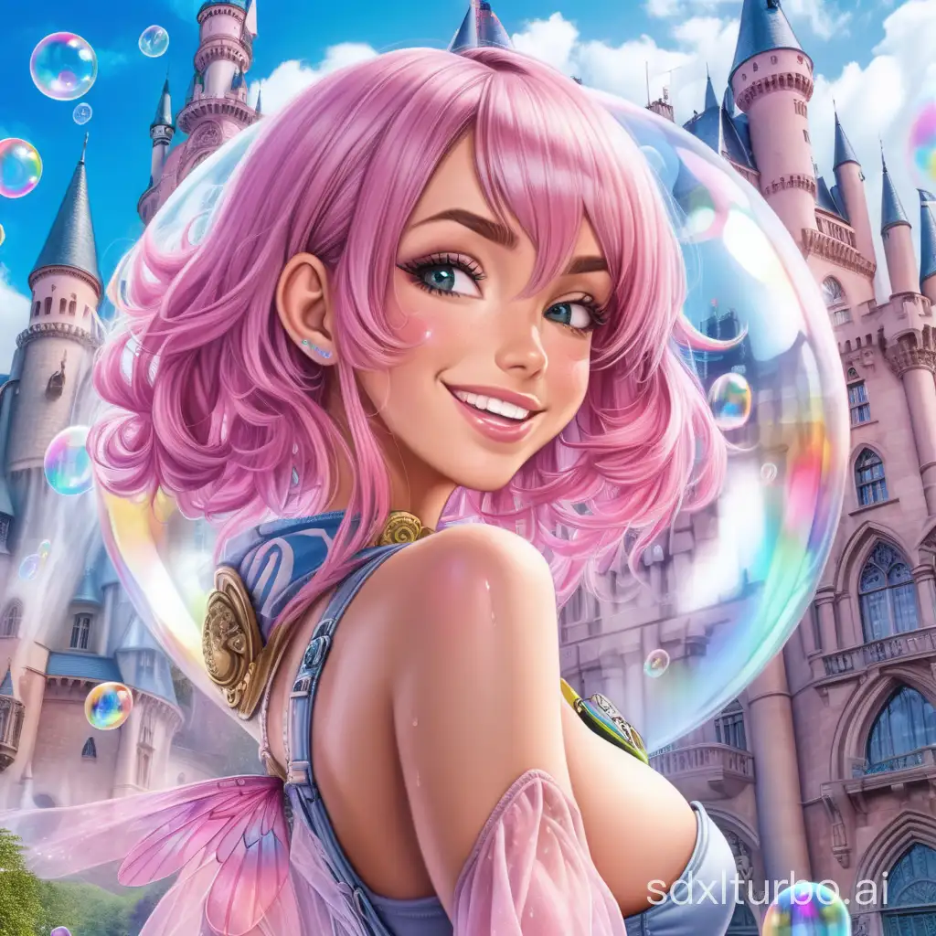 Busty gyaru fairy Megan Fox,close-up,wearing underboob style,boob curtain,cyberpunk haircut hair style,rainbow wings,inside a huge soap bubble,flying over a fairy-tale kingdom with tall castles and ornate buildings,smiling sweetly,many clouds,pink rain,style raw,different angle,ultra real photograph.