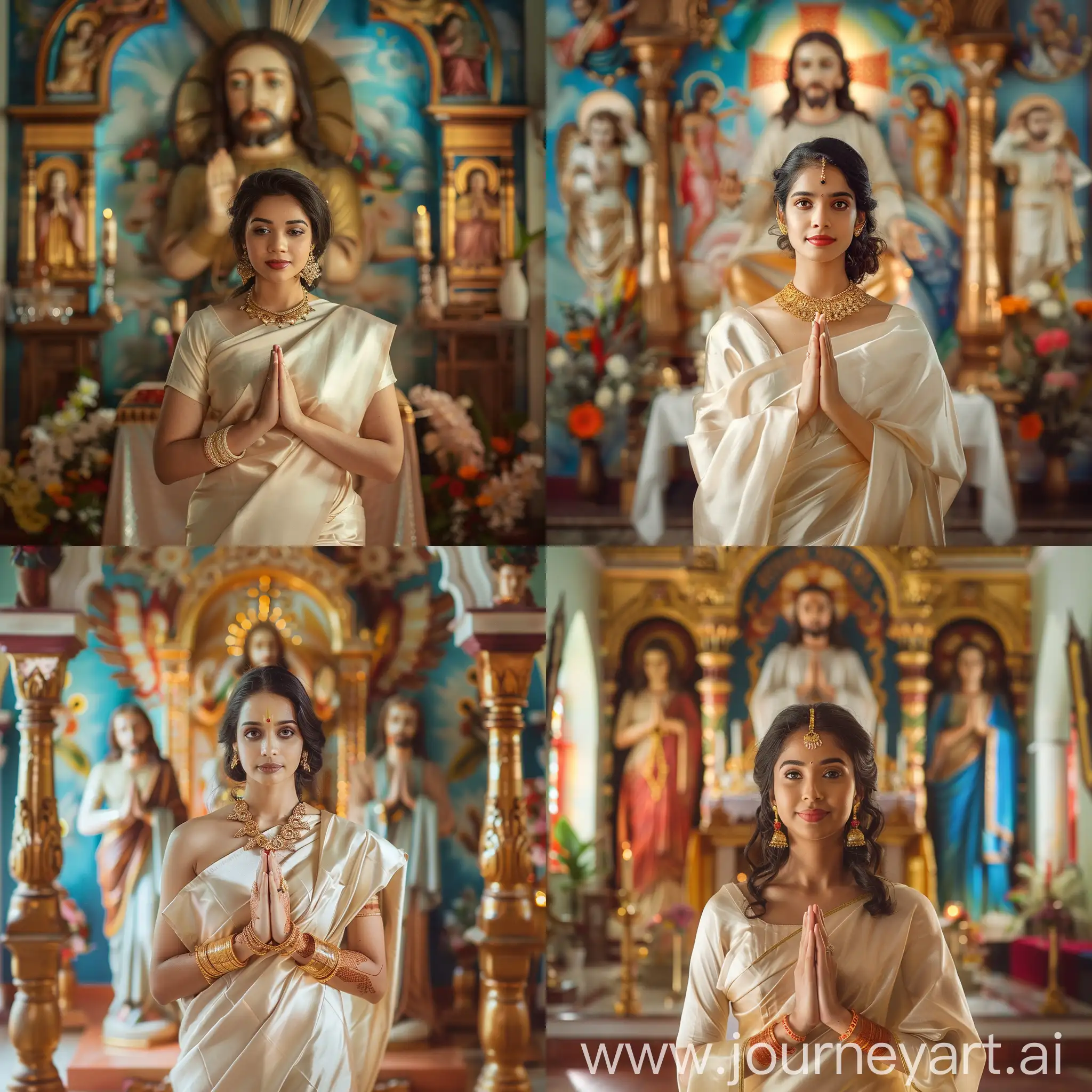 create a stunning photographic visual of a very beautiful bosomy Kerala Christian bride in front of an idol of Christ,praying, creamy satin saree, light brown eyes, waist shot, brilliant frame, golden ratio in the composition, dreamy vibrant church background, candid photograph