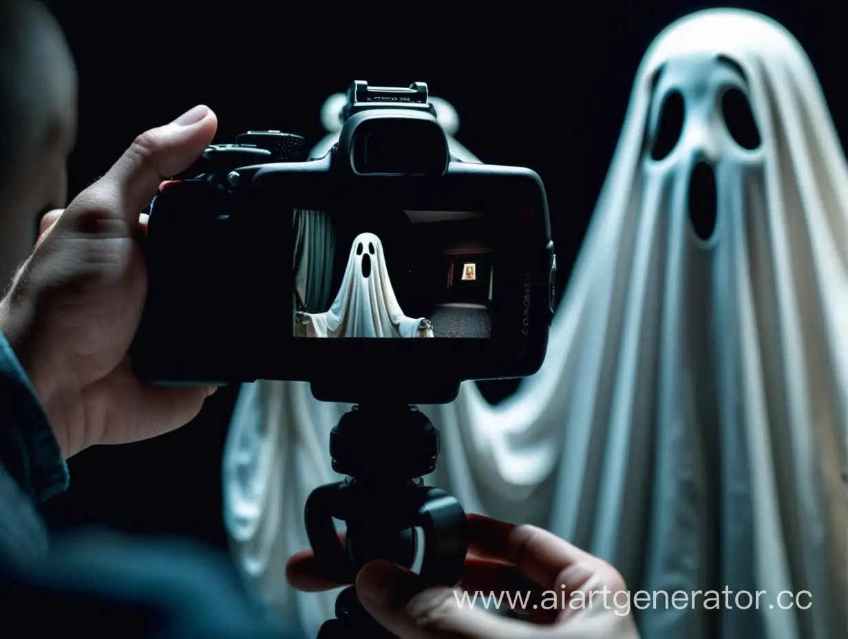 Видеокамера в руках, а в ней отображается призрак