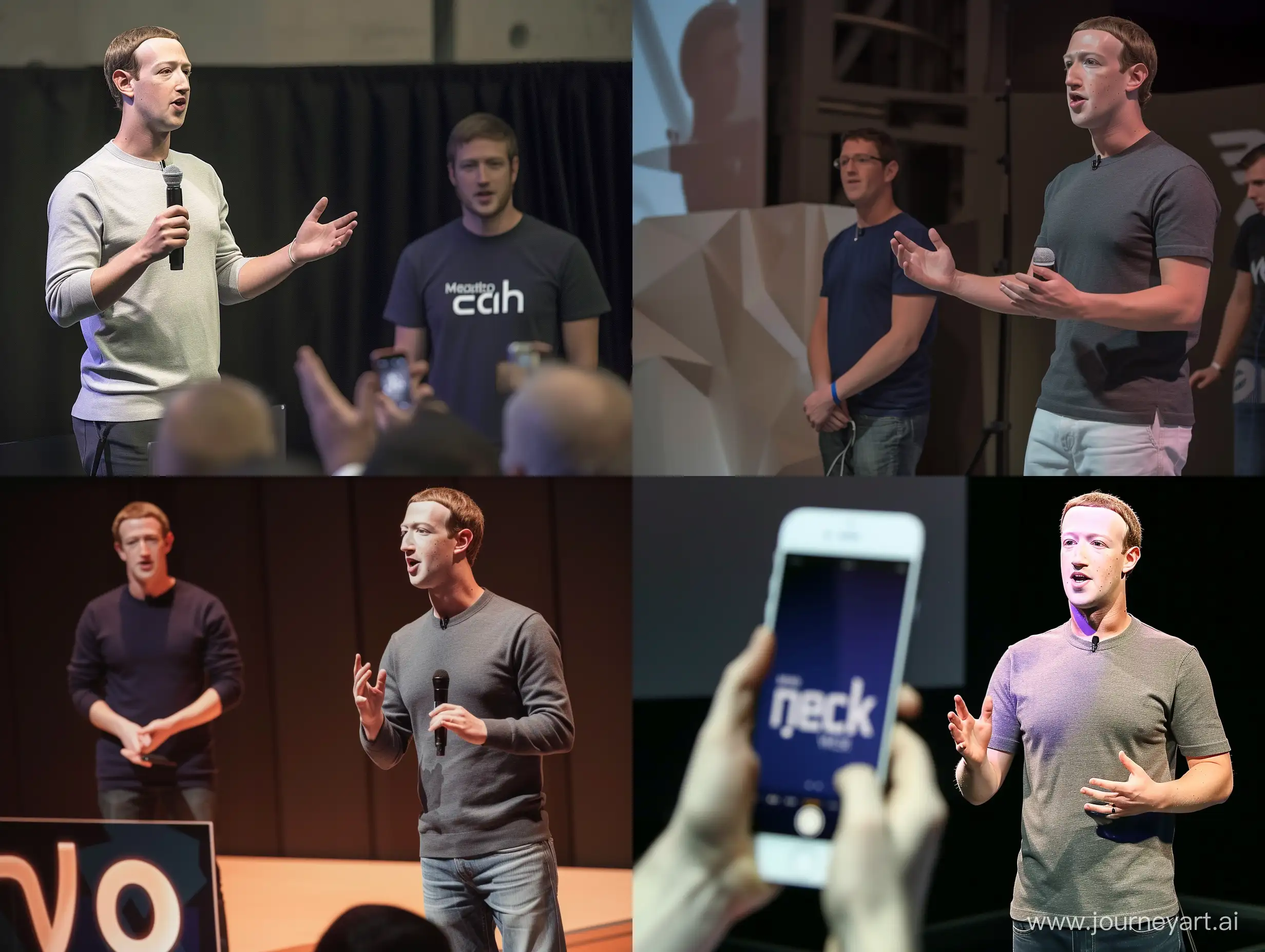 The image shows Mark Zuckerberg giving a speech at an event about Meta, captured on an iPhone. The photo provides a detailed view of both individuals and their surroundings. Color correction has been applied to enhance the visual quality of the image.