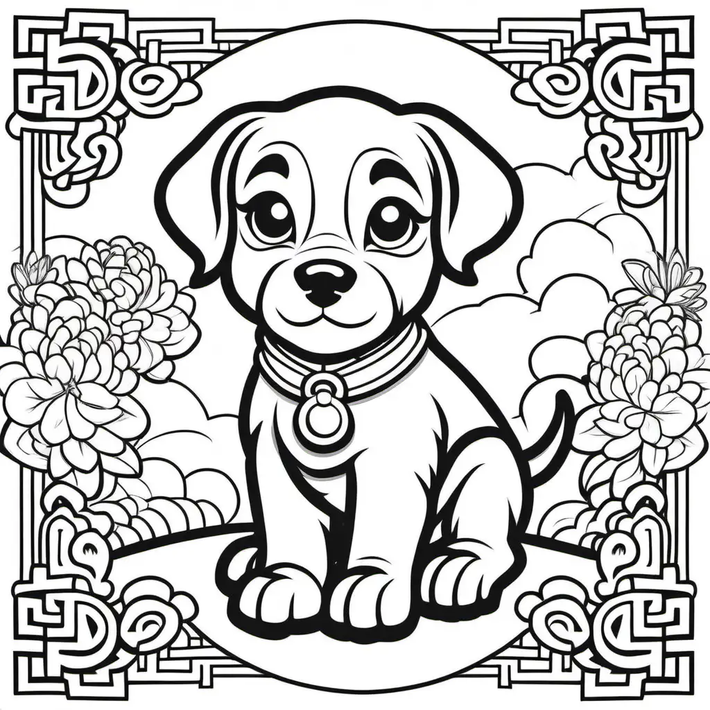 kids colouring book page, lunar new year, Chinese zodiac puppy,  cartoon style, no shading, 
