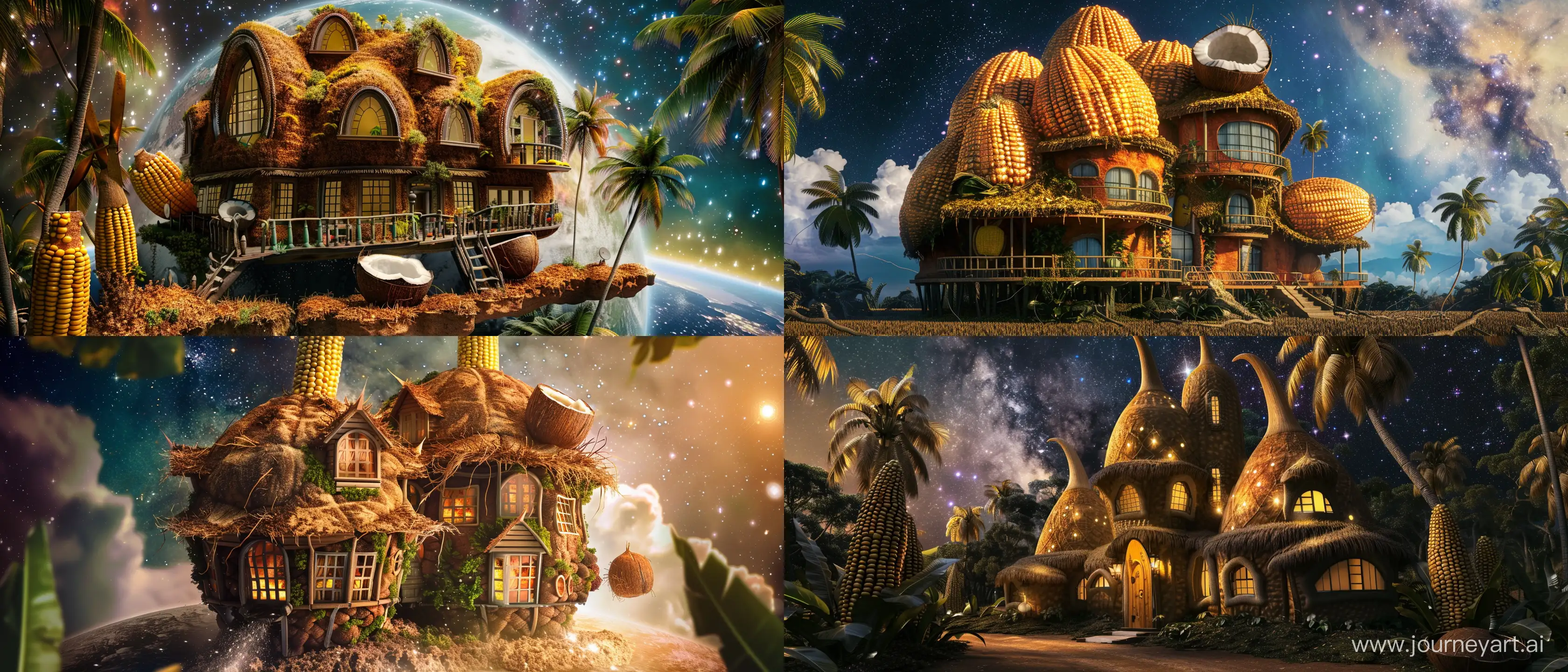 big house in the shape of corn and coconut, in the galaxy, fantasy style, realistic --ar 21:9