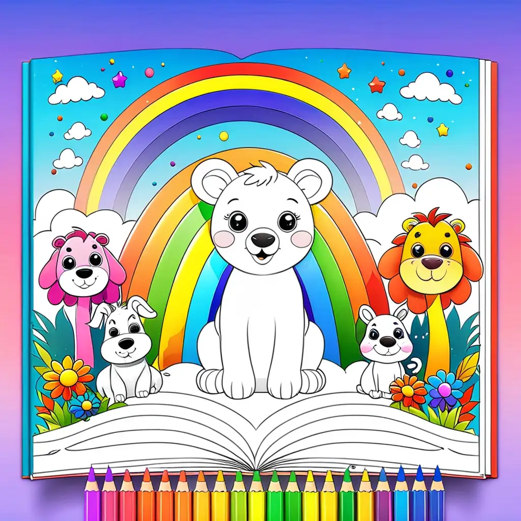 Adorable Animal Coloring Book Cover Vibrant Rainbow Land Scene