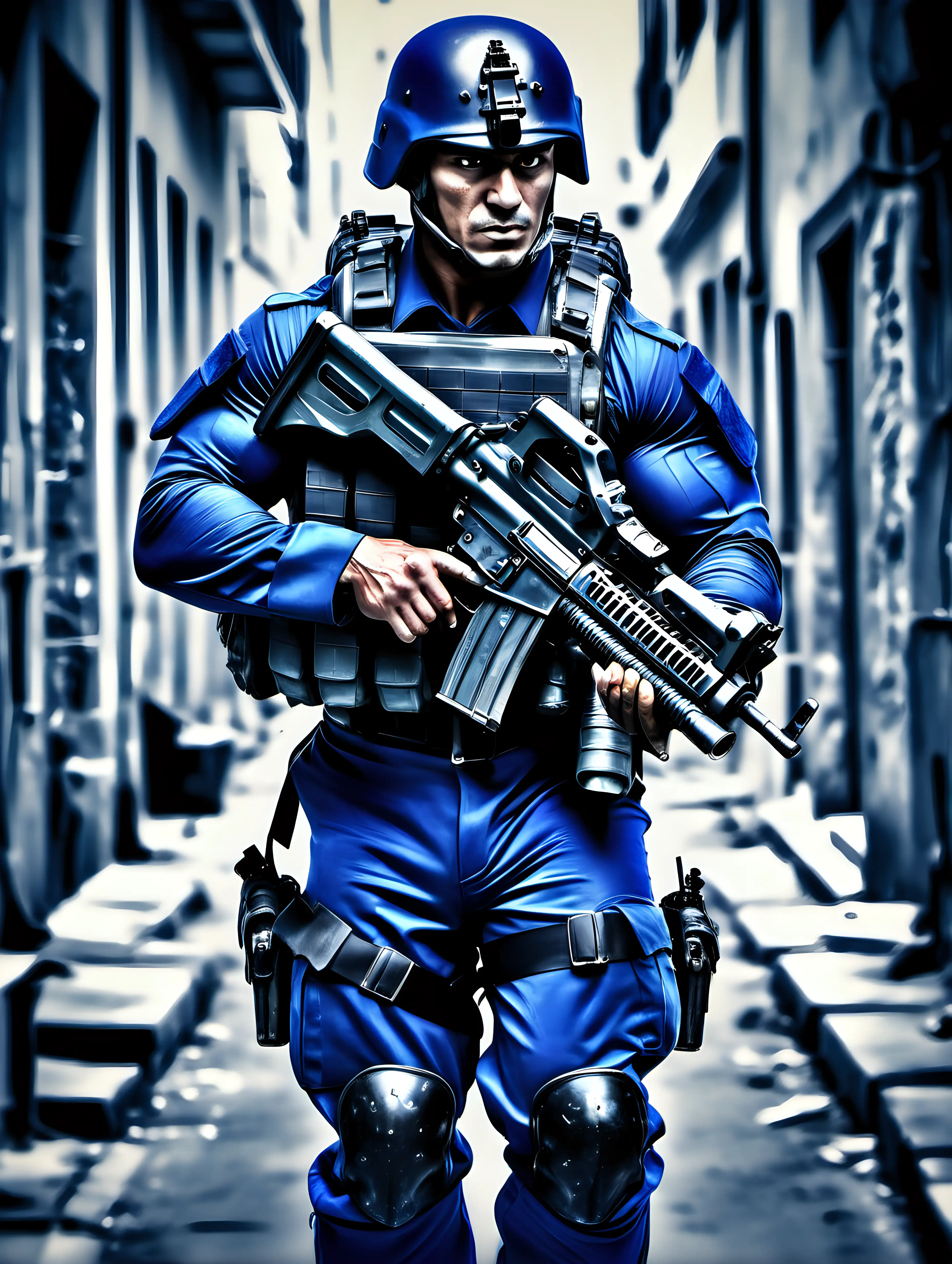French Man, black hair, extremely muscular, blue combat uniform, machine gun, combat helmut, walking towards the camera, ultra realistic, ultra hdr, --raw