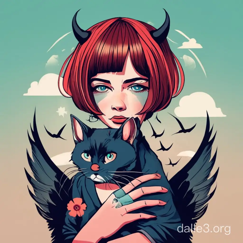 Девушка, красные волосы, каре, темные брови, голубые глаза. На руках держит черного кота, у которого черные крылья и рога 