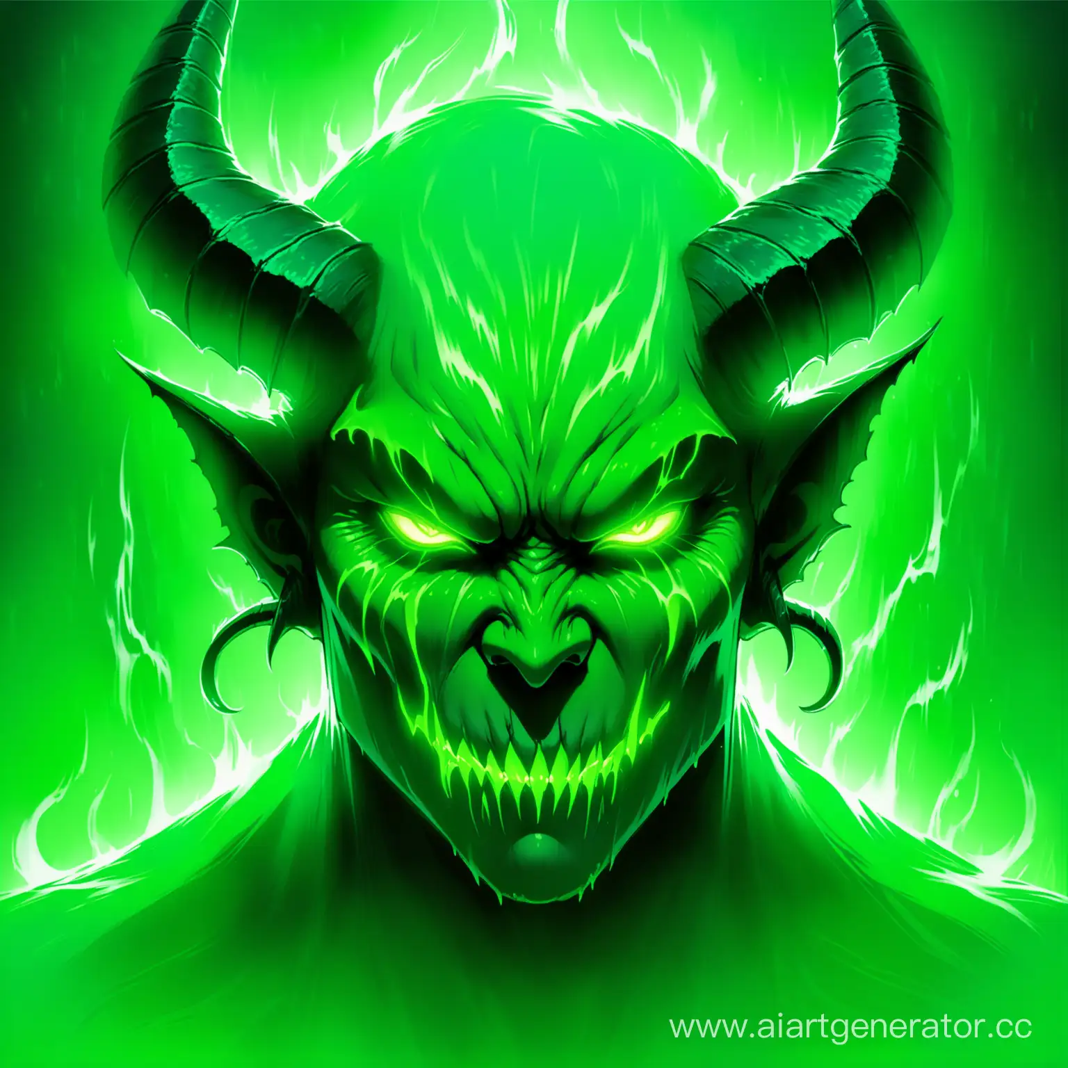Зеленое лицо демона с неоново ярко зелеными шрамами с зелеными длинными рогами в фоне зеленый туман
