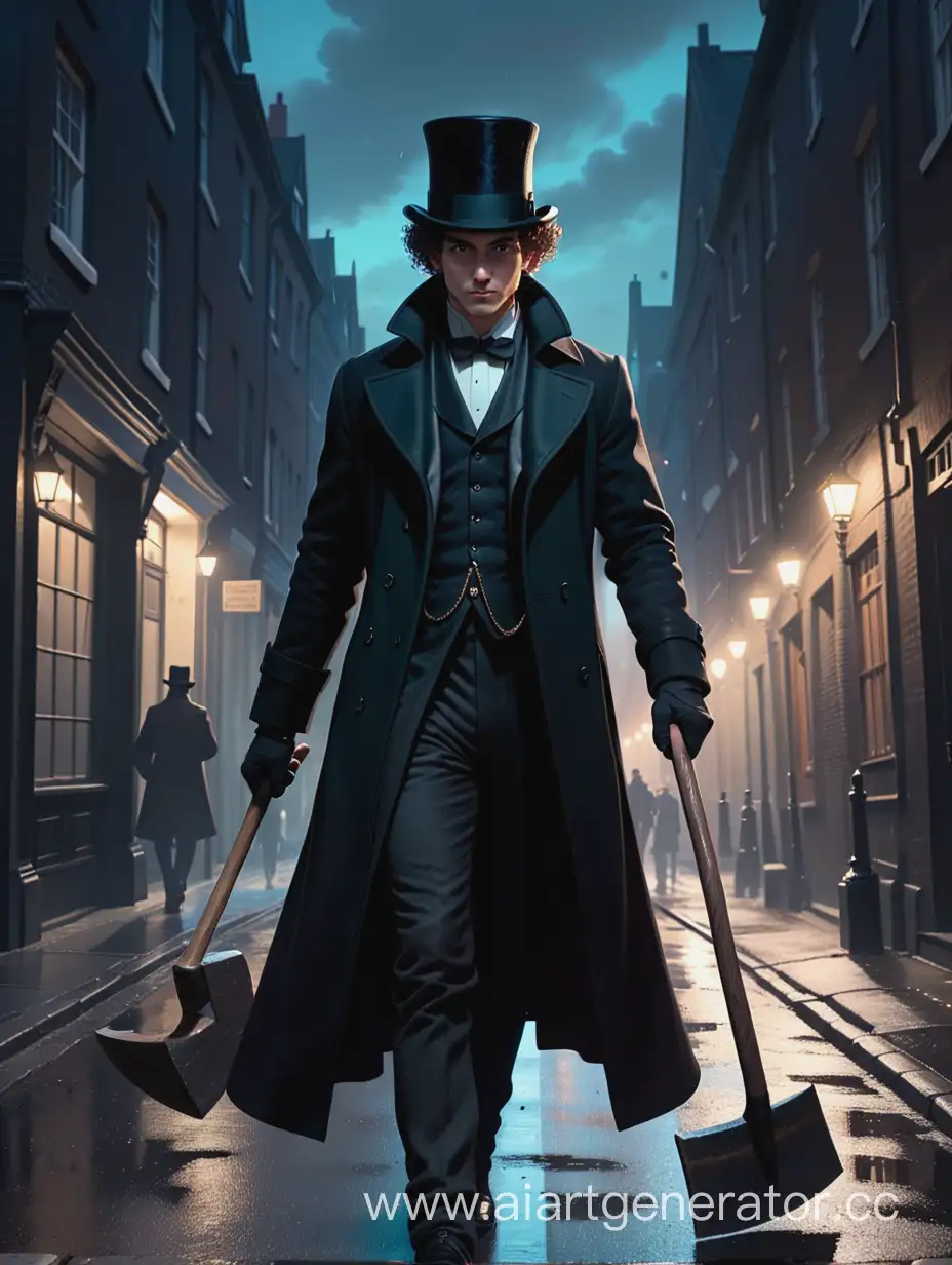 человек в черном пальто, шляпе целиндре и с кудрявыми волосами идет с топором в руках по темной улице, стиль 2D иллюстрация