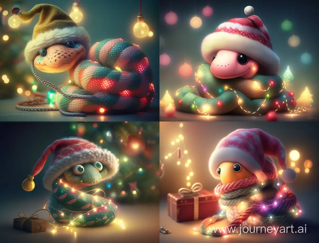 A kind, sweet, funny little Pixar-style Snake in a Santa Claus hat. It wraps around a Christmas tree decorated with Christmas balls and garlands, colorful lights. There are a lot of presents under the tree. The picture is in light, pastel, delicate colors