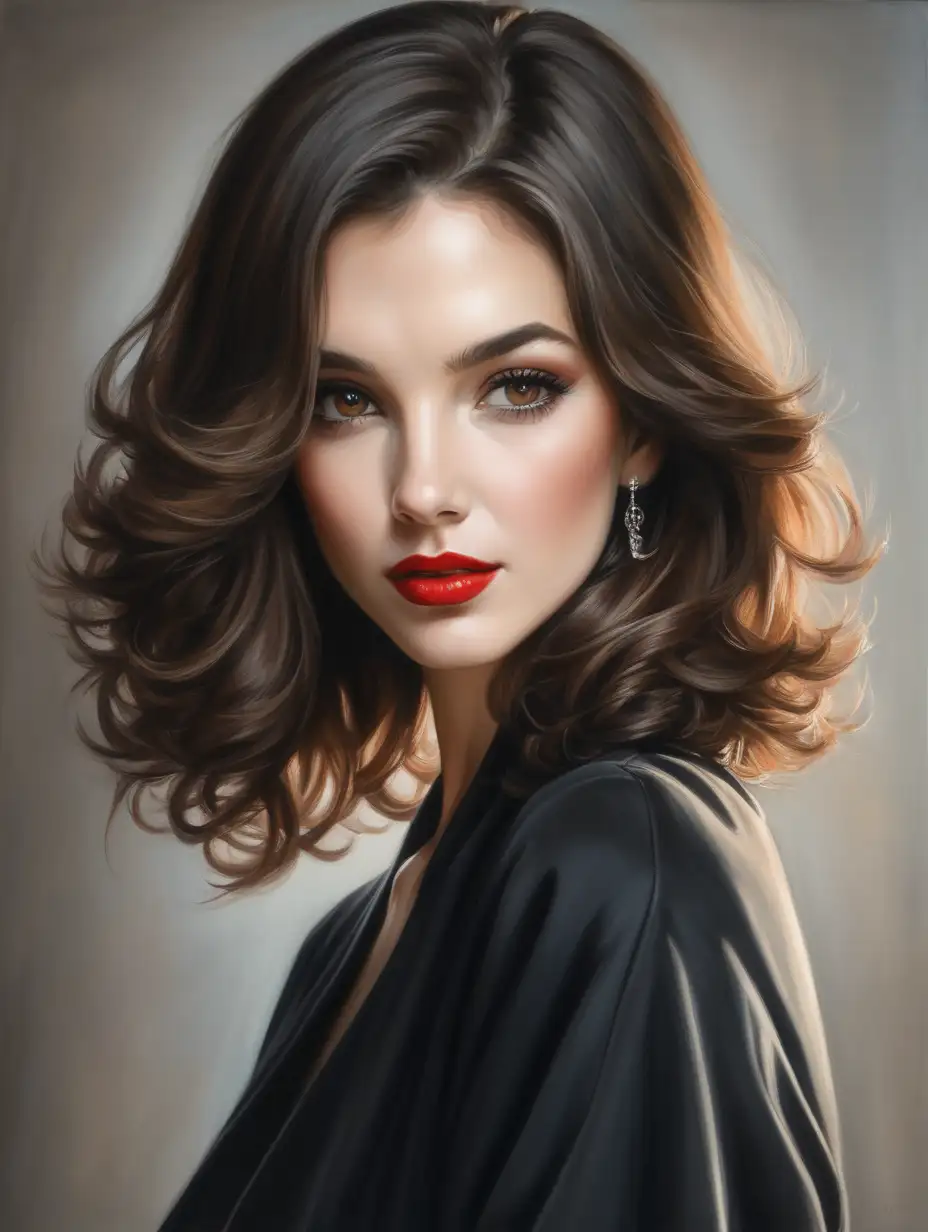 portrait of a beautiful elegant woman with dark brown hair and light red lipstic