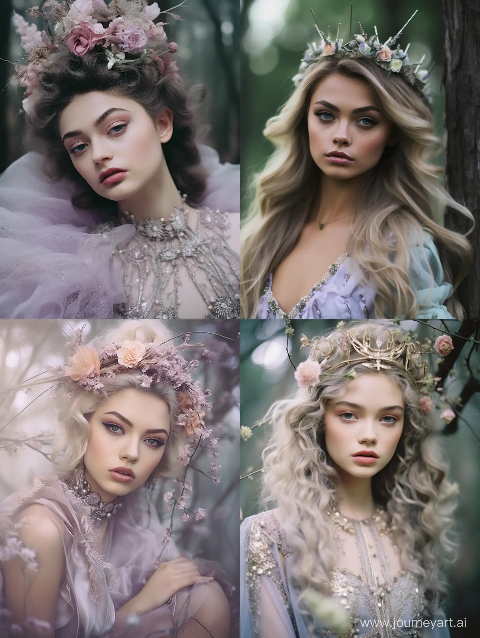 Create a Mystical portrait series set in an enchanted forest. The medium should involve ethereal shots captured on Mystic Aura film. The main subject is a 26-year-old individual expressing an enchanting emotion, with lavender eyes. The photos should capture the subject communicating with magical creatures, dressed in flowing robes with pastel shades. The accessories include a crystal tiara and elfin ear cuffs. Ensure that the lighting includes a soft glow from bioluminescent plants. –ar 16:9 –v 6.0