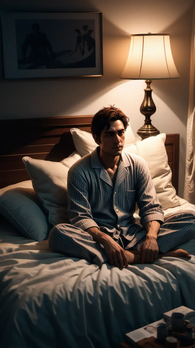 /imagine A cozy bedroom with dim lighting. The protagonist, a man in pajamas, sitting on the bed surrounded by pillows.