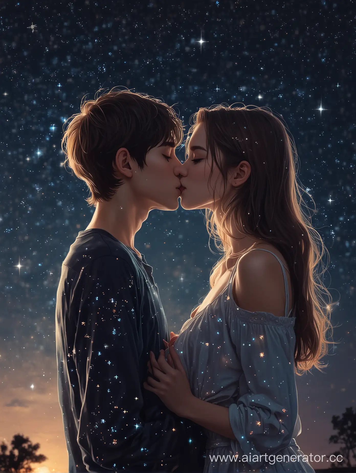 парень и девушка поцелуй ночь звёзды