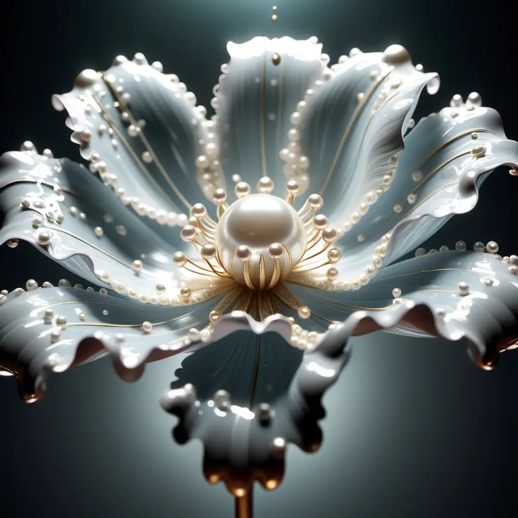 The God flower, wavy big petals with pearls dripping from them like tears, opulent and ornate, backlit, midday, hyper realistic, super detailed, award winning photo, ethereal, tyndall scattering, octane render --ar 10:17 --v 5.1
