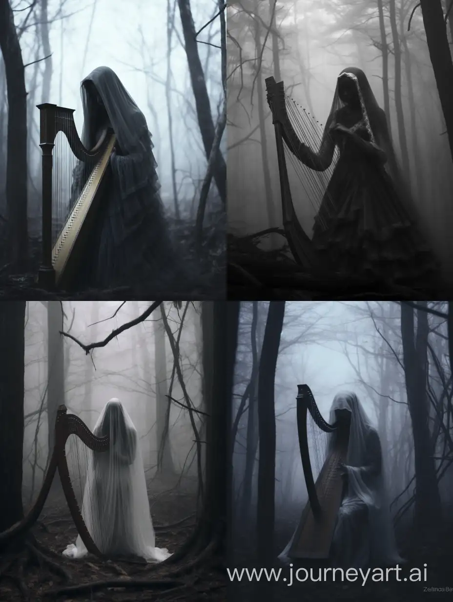 Grayscale photo in an eerie forest of a figure that is obscured by a white lace veil playing a large harp, folk horror, dark horror, dark folk, creepy pasta, dark aesthetic 