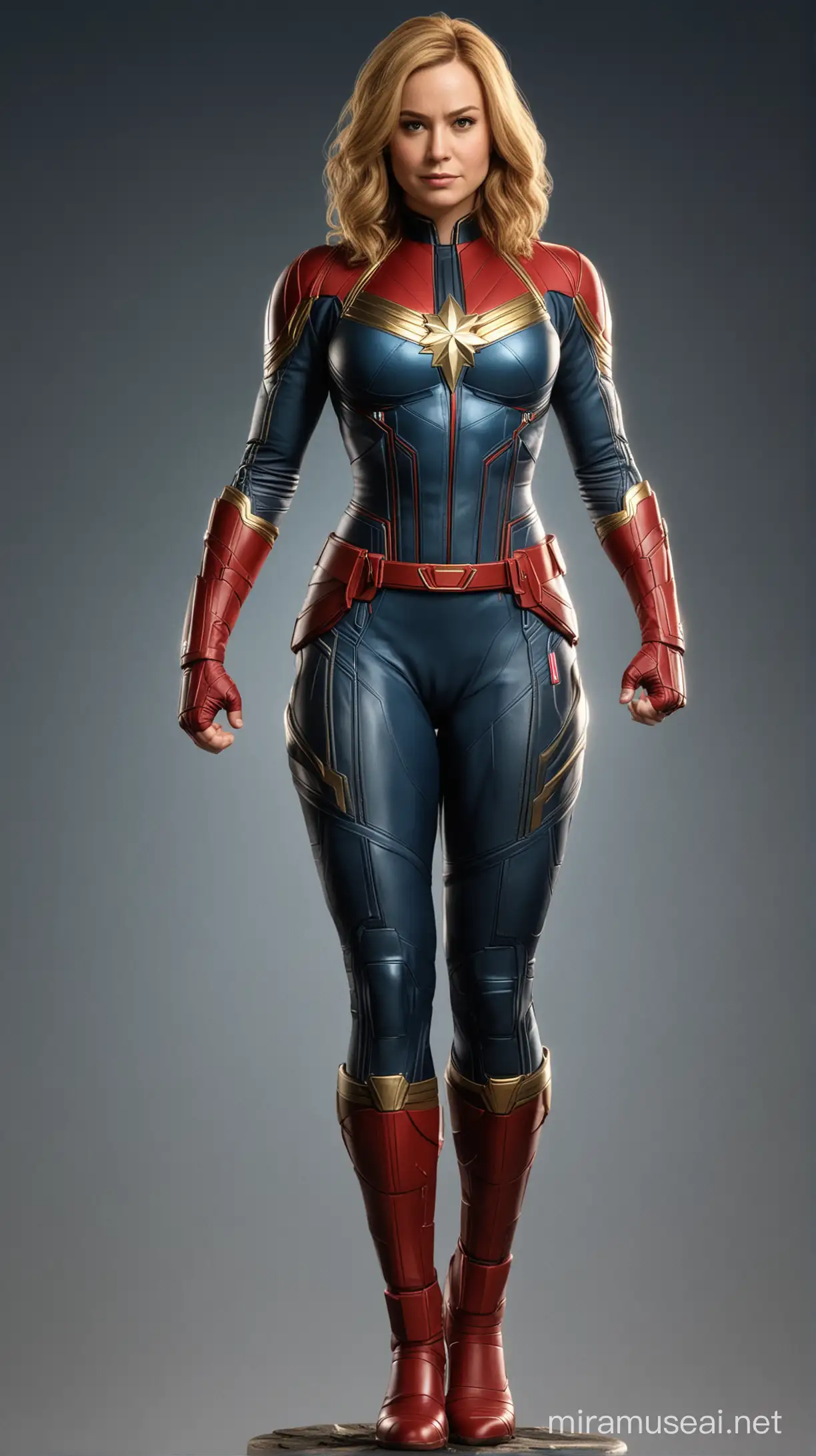 Full body front view of Captain marvel with a curvy body, extremely large sized chest,very wide hips 