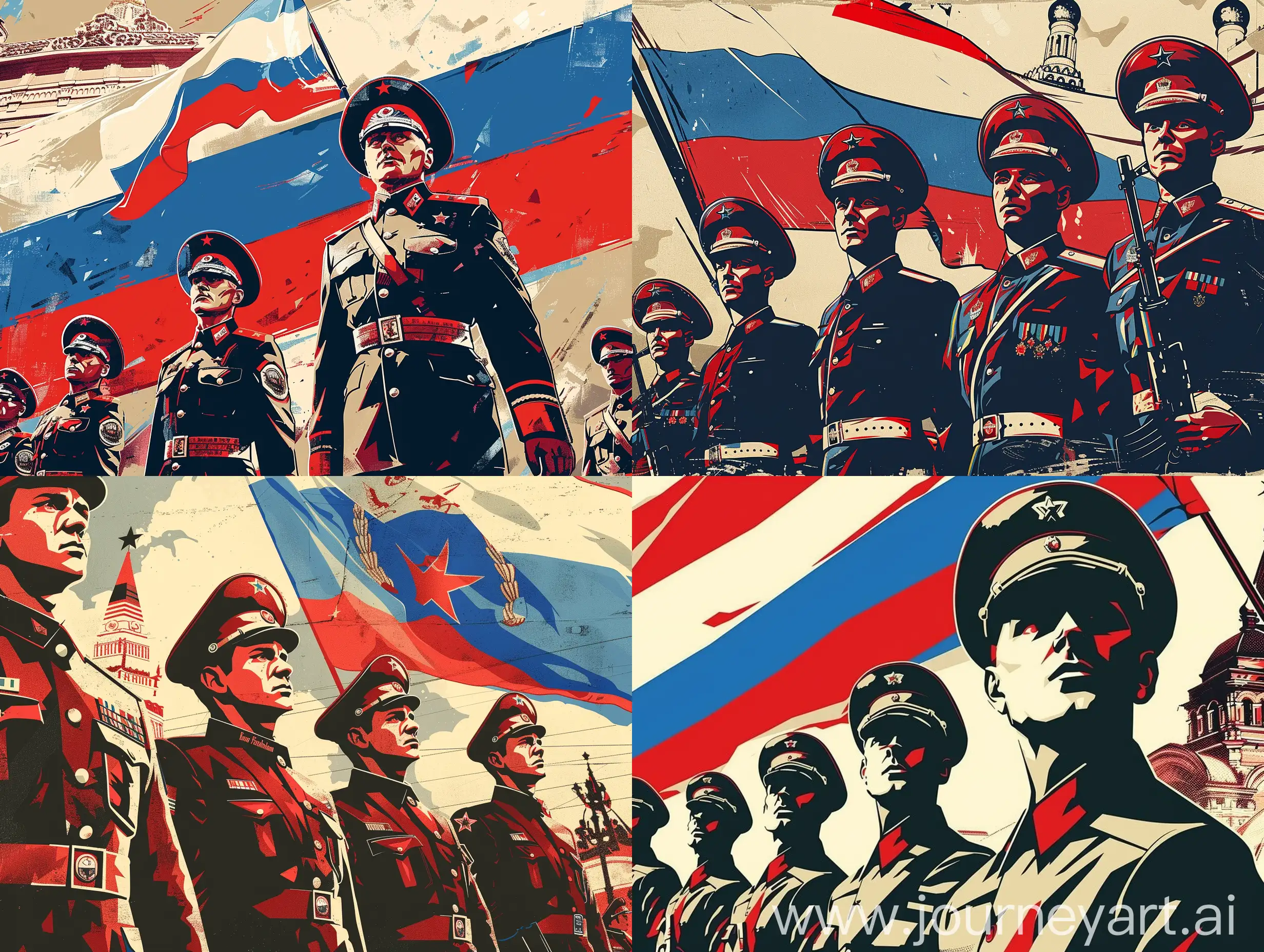 Poster design + Defender of the Fatherland Day celebration in Russia + depicting heroic Russian soldiers in uniform + in the style of socialist realism, propaganda art + red, white, and blue color palette + bold and impactful composition, iconic symbols of patriotism, Russian flag under the Kiev 