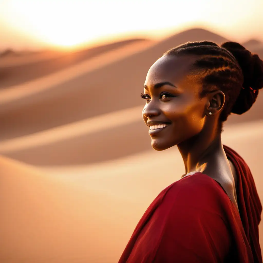 Smiling African Woman in Red Tunic Watches Desert Sunset