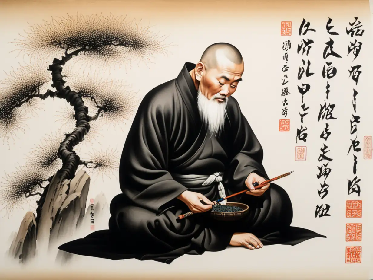 Eastern Ink Painting Serene Monk Contemplating the 9 Seeds