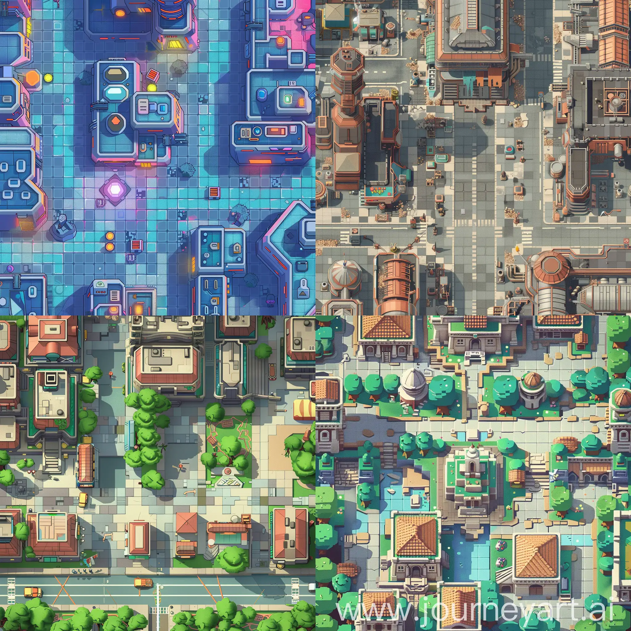 2D topdown tileset, fantasy city, futuristic city, cute