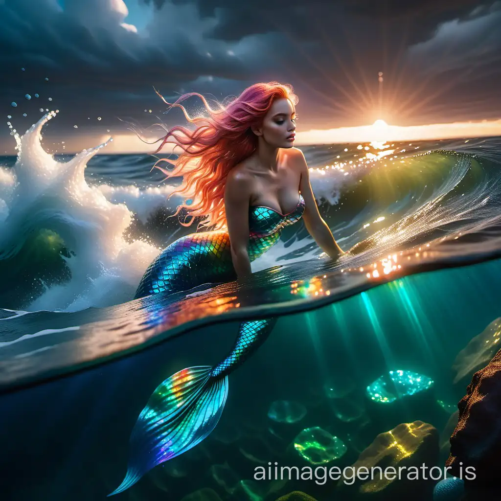 Mermaid resting on a sunlit rock amidst turbulent sea waves, FranckyXVWolff style, scales reflecting spectrum of iridescent hues, tendrils of hair flowing with the water's movement, surrounded by a shimmering aura, backdrop of stormy skies clearing above, high-definition 6k resolution, ultra-clear, dramatic lighting.