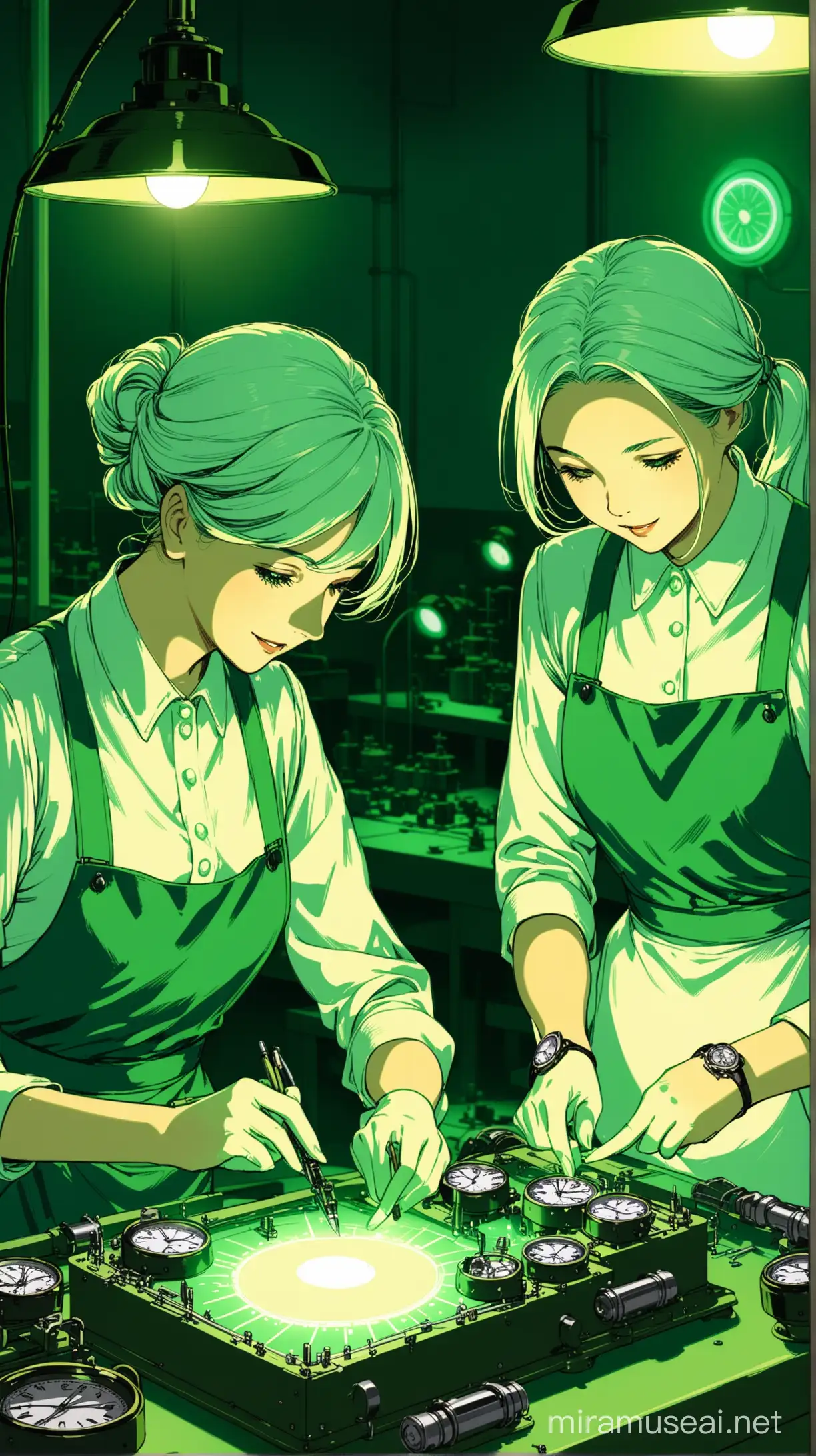 two radium glowing girls working on watches in watch factory
