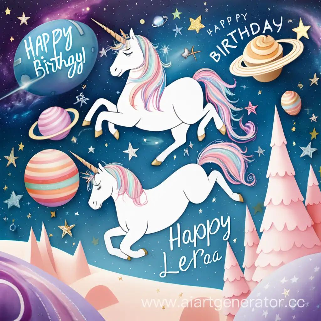 Уникальная открытка для поздравления с днем рождения на имя лера на фоне космоса с единорогами используй фразу "с днём рождения, Лера"
