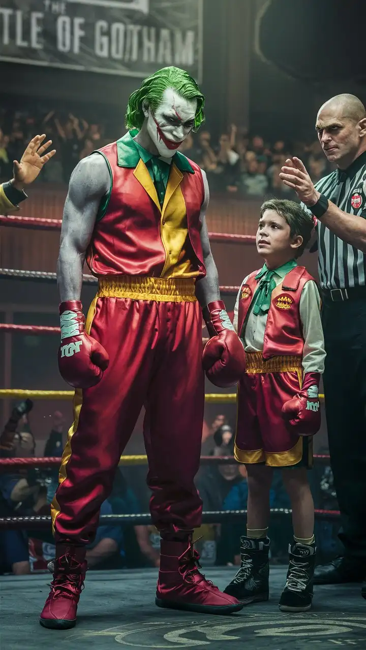 Joker dressed as a boxer standing in a boxing ring. His son is standing beside him