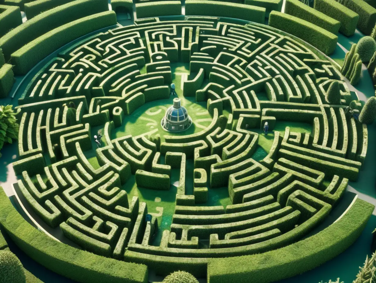 gigantic hedge maze. labyrinth. garden. futuristic. cyberpunk. very intricately and microscopically detailed. young baddies with thick thighs. ultra realistic. yfcg. landscape view. aerial view.