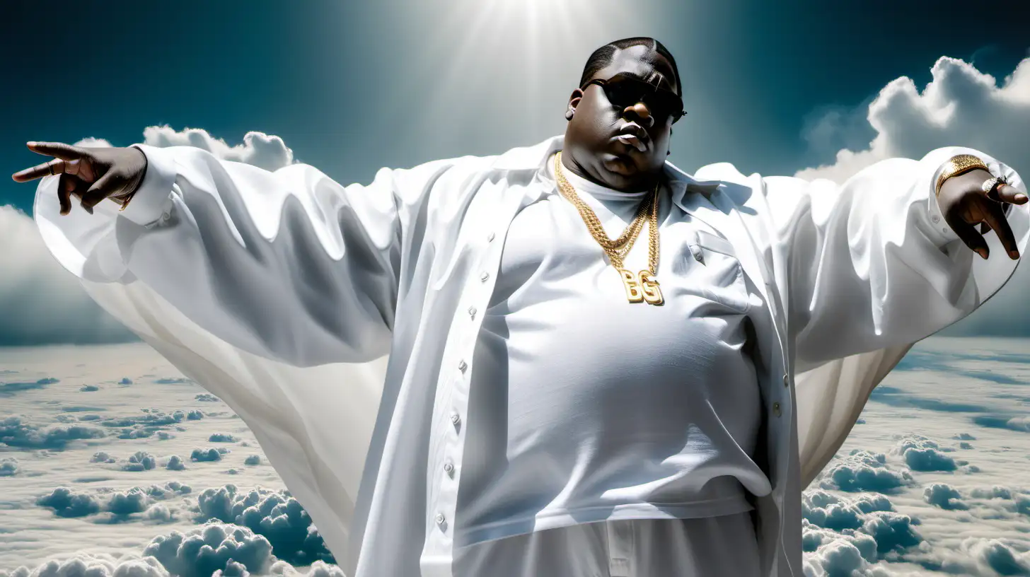 biggie smalls dressed in white clothes in heaven with his signature poses above the clouds