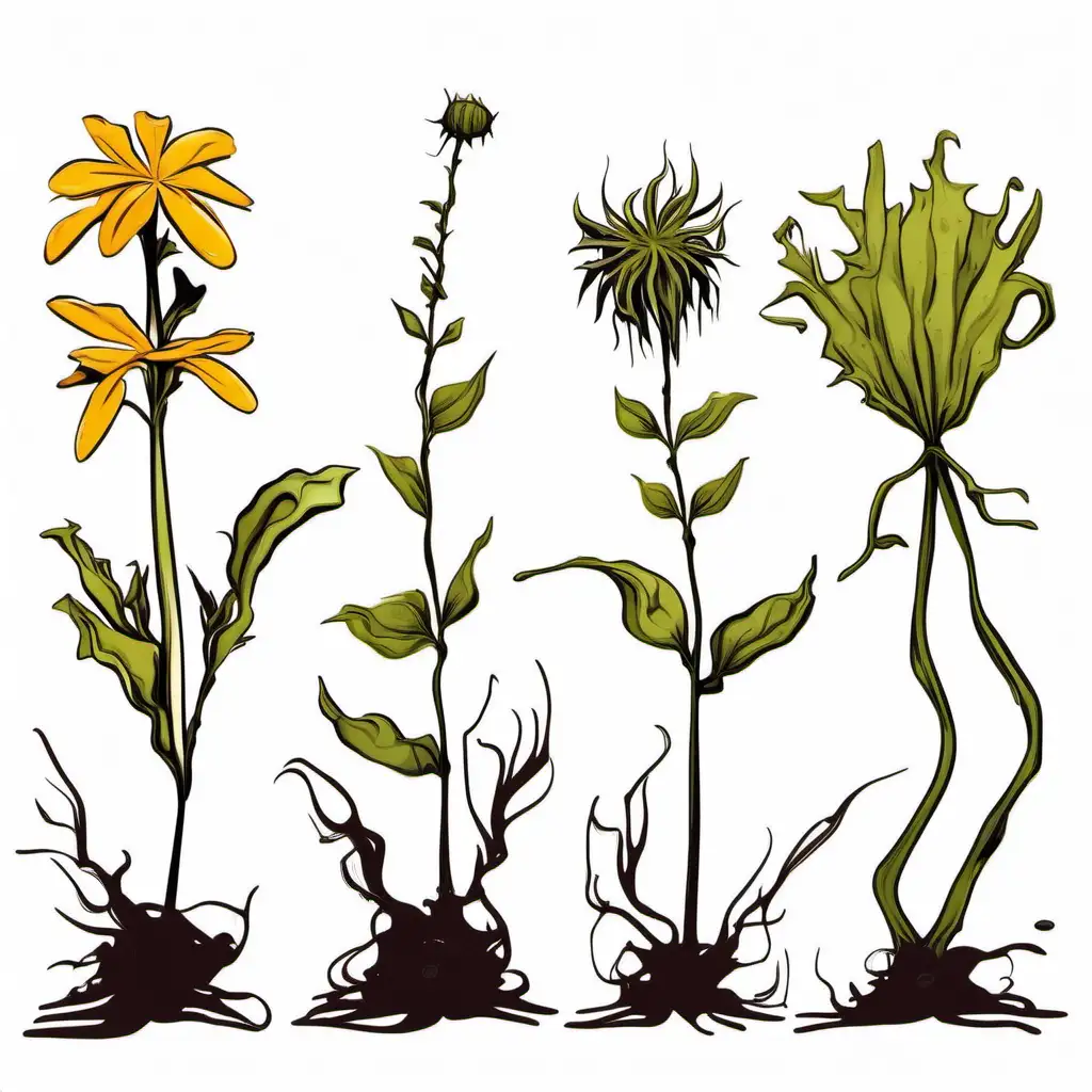 Cartoonish Wilted Plants Illustration on White Background