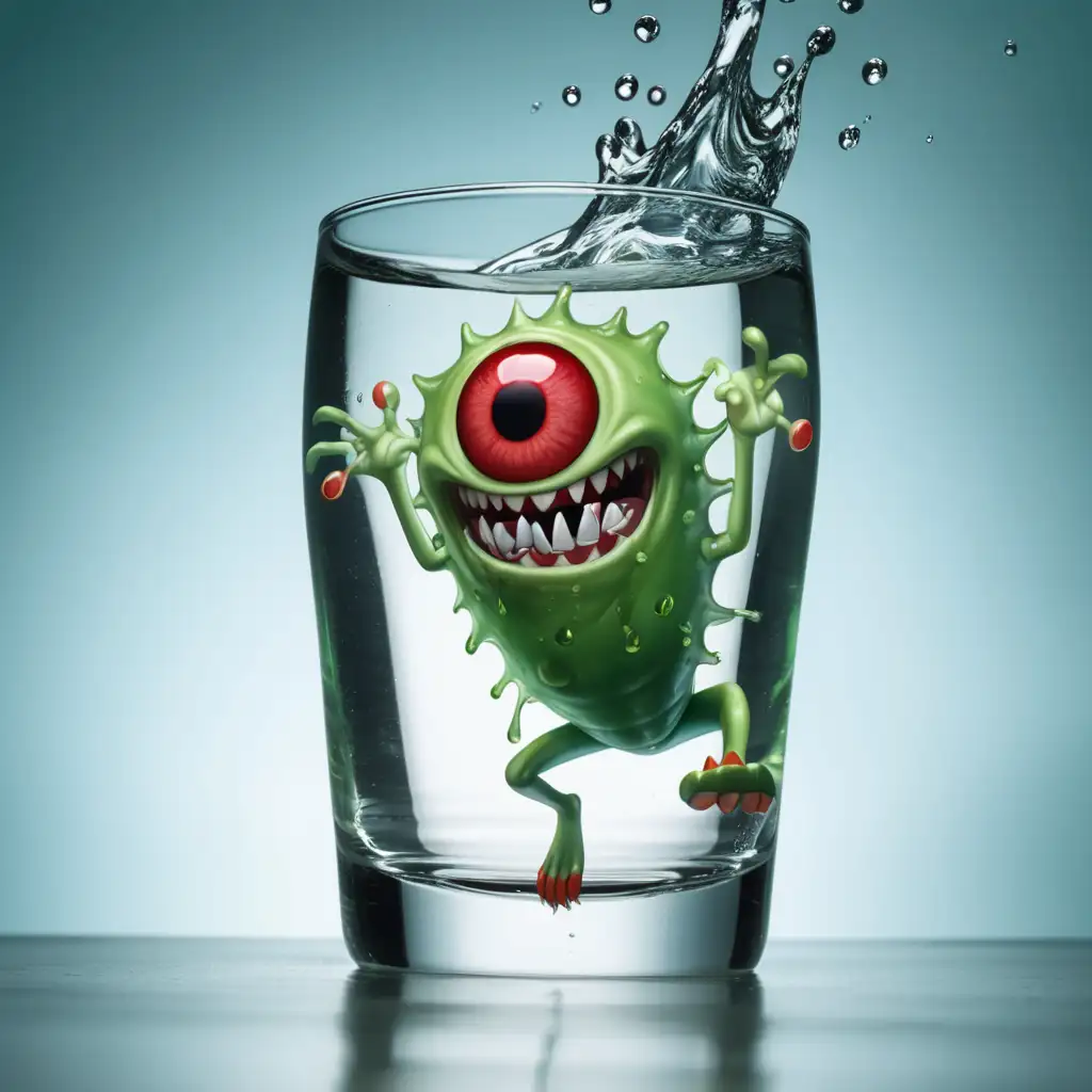 a green colored Germ jumping out of a clear glass of water, Germ needs to have a face with sharp teeth, and red eyes
