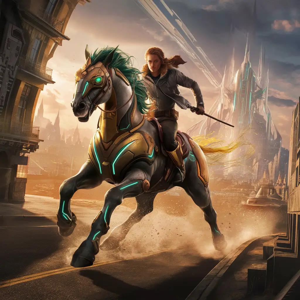 Futuristic Horse Ride with SteelEyed Beauty in a Sunlit City