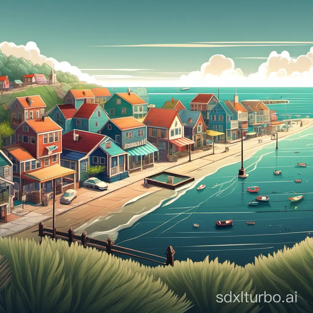Charming-Coastal-Townscape-with-Quaint-Harbor-and-Colorful-Cottages