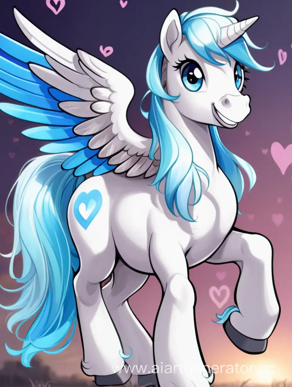 Белая пони-пегас с раскрытыми крыльями и голубыми глазами, смотрящая в даль, радостно и задорно улыбаясь, нарисованная в стиле модификации на Hearts of iton 4Equestria at war