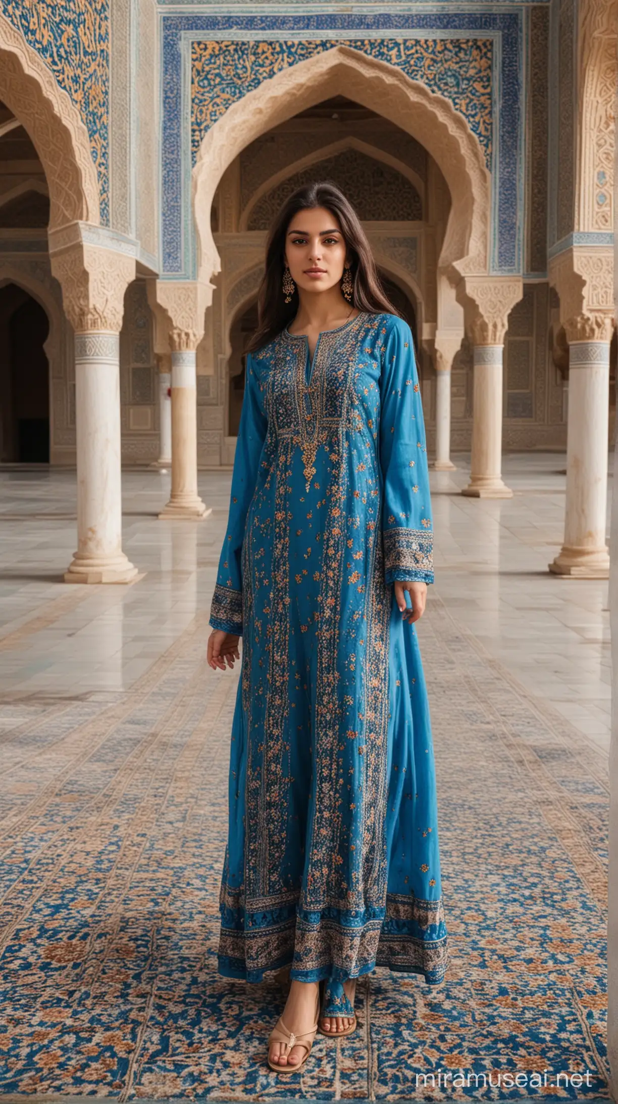beautifull persian girl with blue persian dress standing in the middle of the courtyard of the Iranian mosque