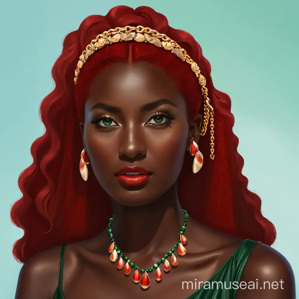 make a realistic portrait out of this image, add red sea shell necklace instead, and leave the ear jewellery as-is, a dangling chain with green gems