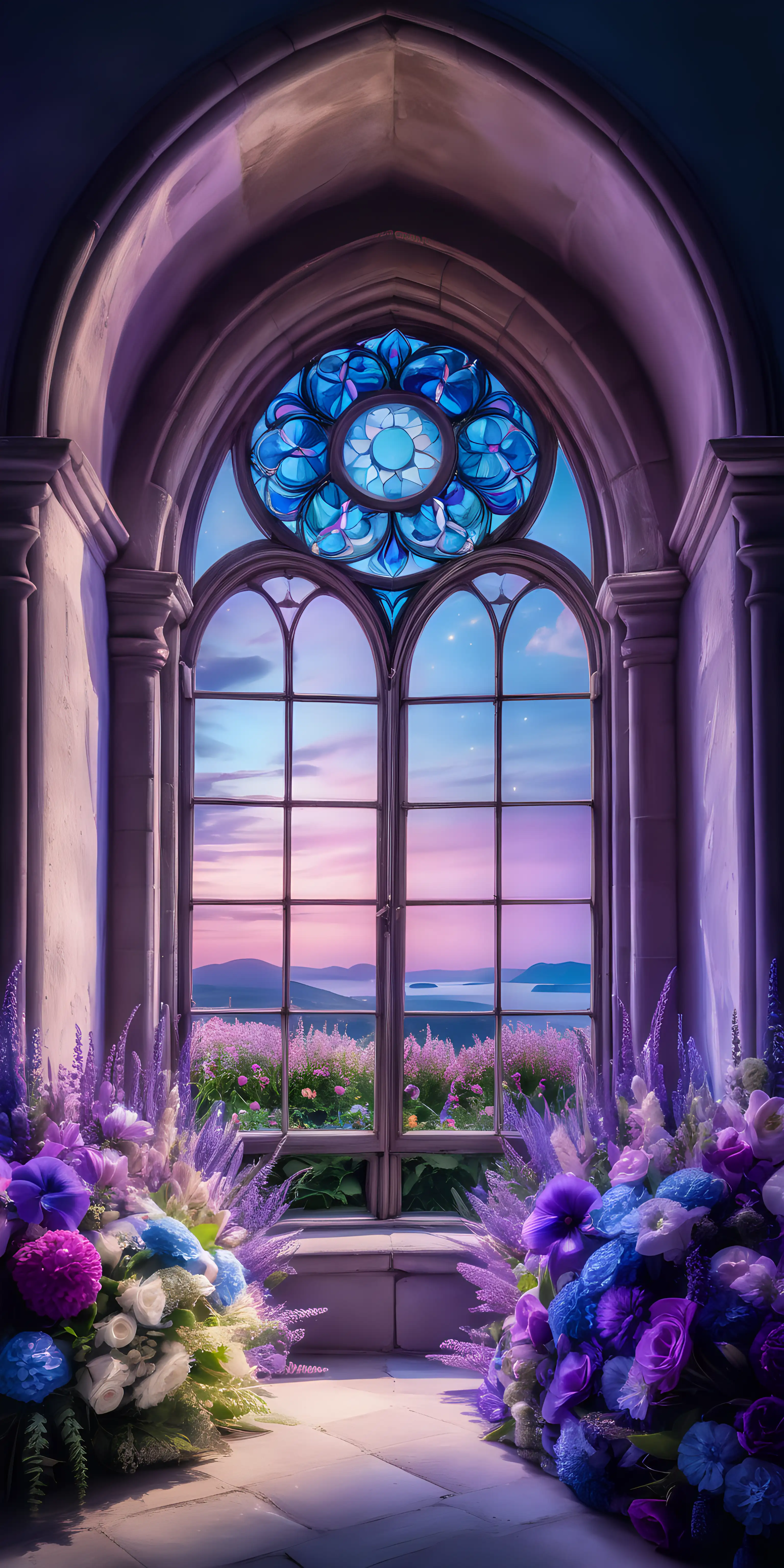 the setting is a magical arched window vignette surrounded by flowers in a circle in purples and blues. It is lit from a window on the left.  There is space in the foreground for a person, but there are no people in the image