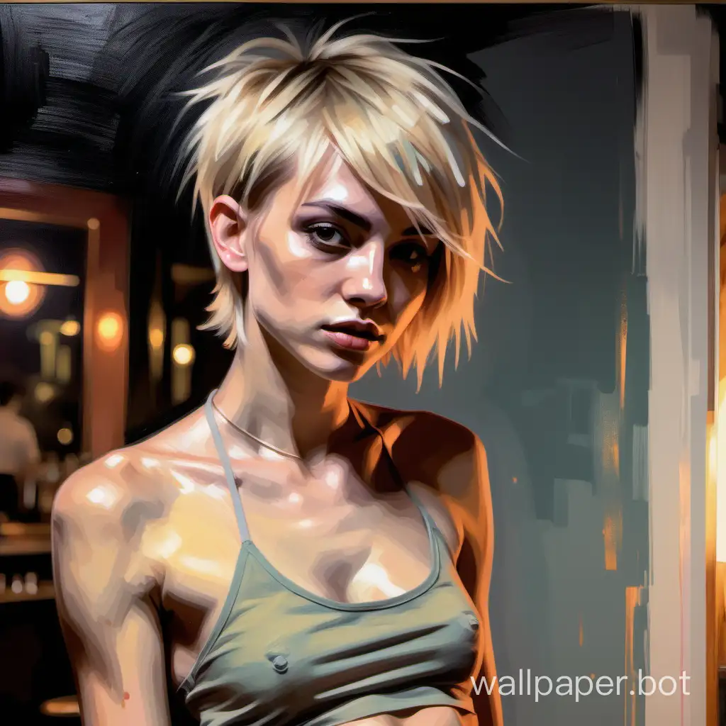 A painting of a pretty, slim, petite, young, blonde tomboyish lesbian with her hair cut very short, in a messy, boyish style with a fringe. The aesthetic of a fine art painting, with visible brush strokes. She is flat-chested. She wears a cropped, High-necked halter top and little panties late at night. She has a toned, muscular physique. The location is a ladies-only cocktail bar. Soft lighting. The colour palette is subdued and subtle, pale pastel shades.