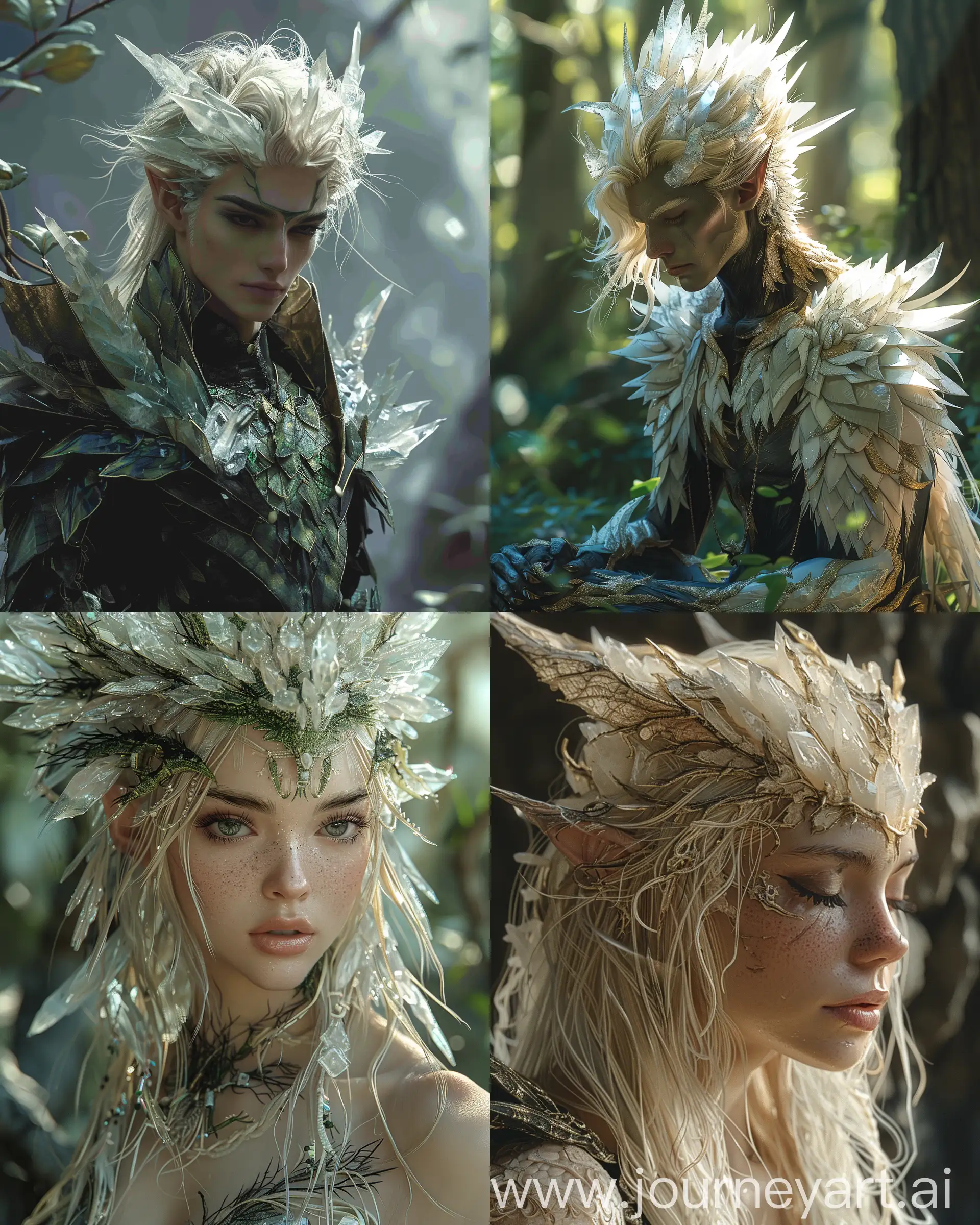 Ancient Draconic Elf, made of white crystals, Blonde and Black hair, full body, Alcohol Ink Flow, anime and quasi-realistic style, comic style mix, perfect lighting, 16k --ar 4:5 --s 750