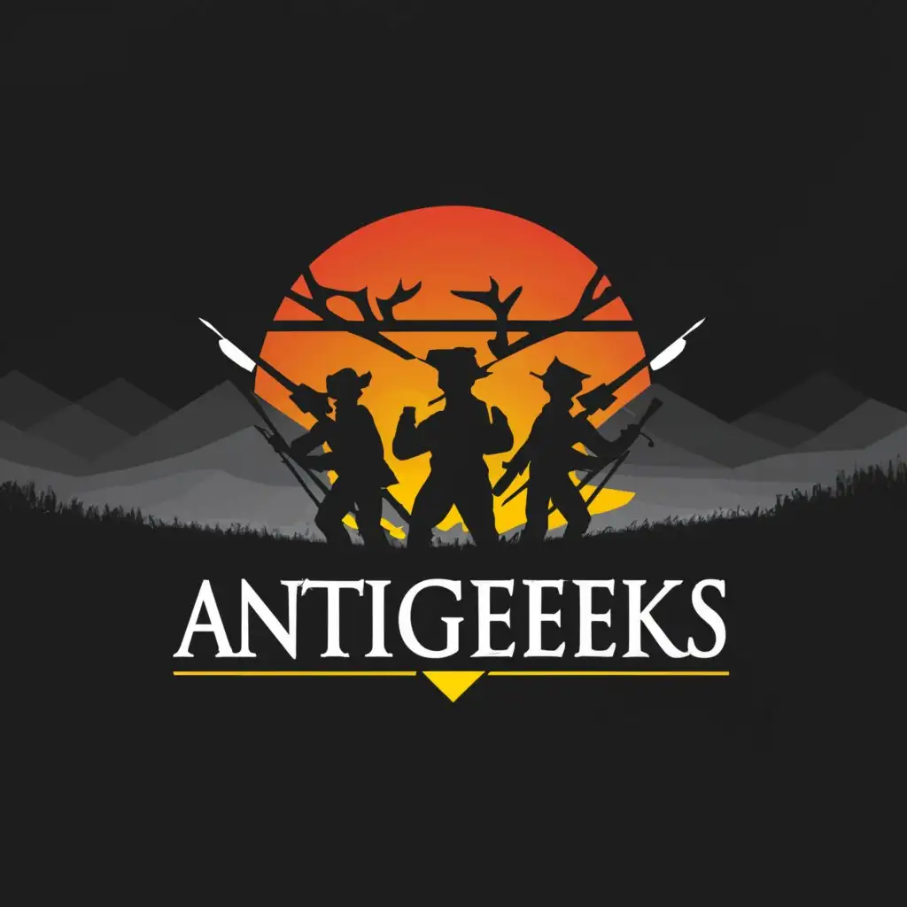 a logo design,with the text "Antigeeks", main symbol:A group of men hunting,Moderate,clear background