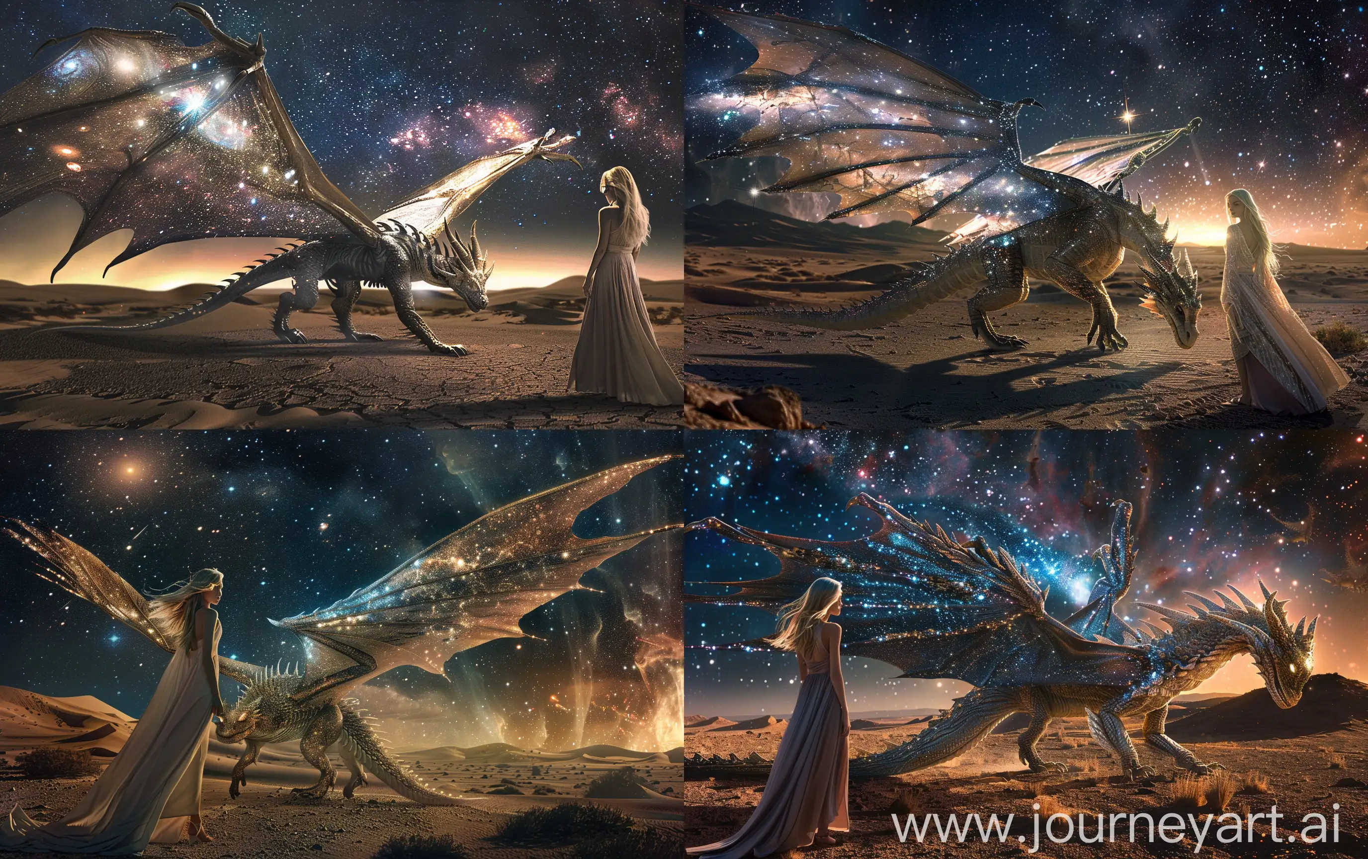 A big winged kind dragon walks alone, its wings are made of shining galaxies, it is sad, beautiful blonde model in a long dress looks at the dragon, the night dark desert with small hills, in the sky is deep space with bright nebulas, realistic --ar 16:10