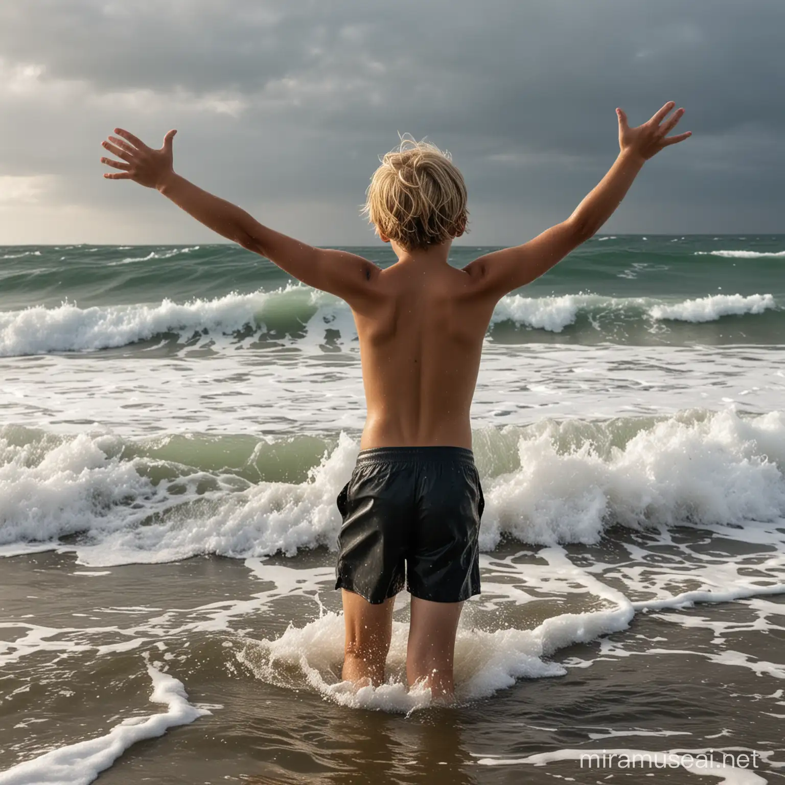 Junge, 13, blonde halblange Haare, Badehose, steht im Bild links, im Profil in der Brandung, Blickt nach rechts aufs aufgewühlte Meer, Jubelschrei und streckt die Hande hoch, Himmel dunkel gewittrig