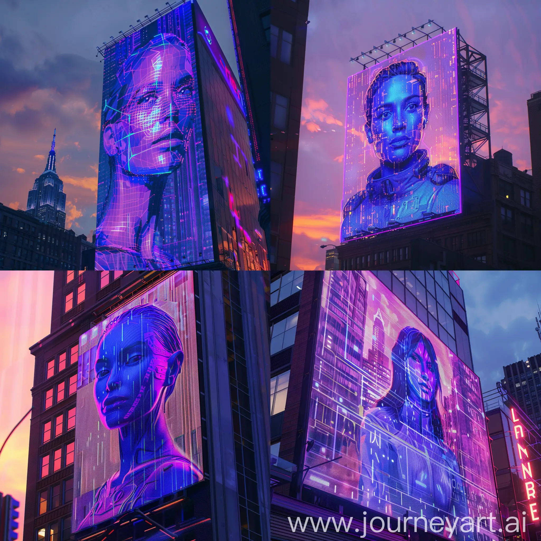 a purple blue holographic digital woman on the billboard building, sunset time, style raw, concept, visuals, futuristic, close up, city, year 2049, new york city, natural lighting
