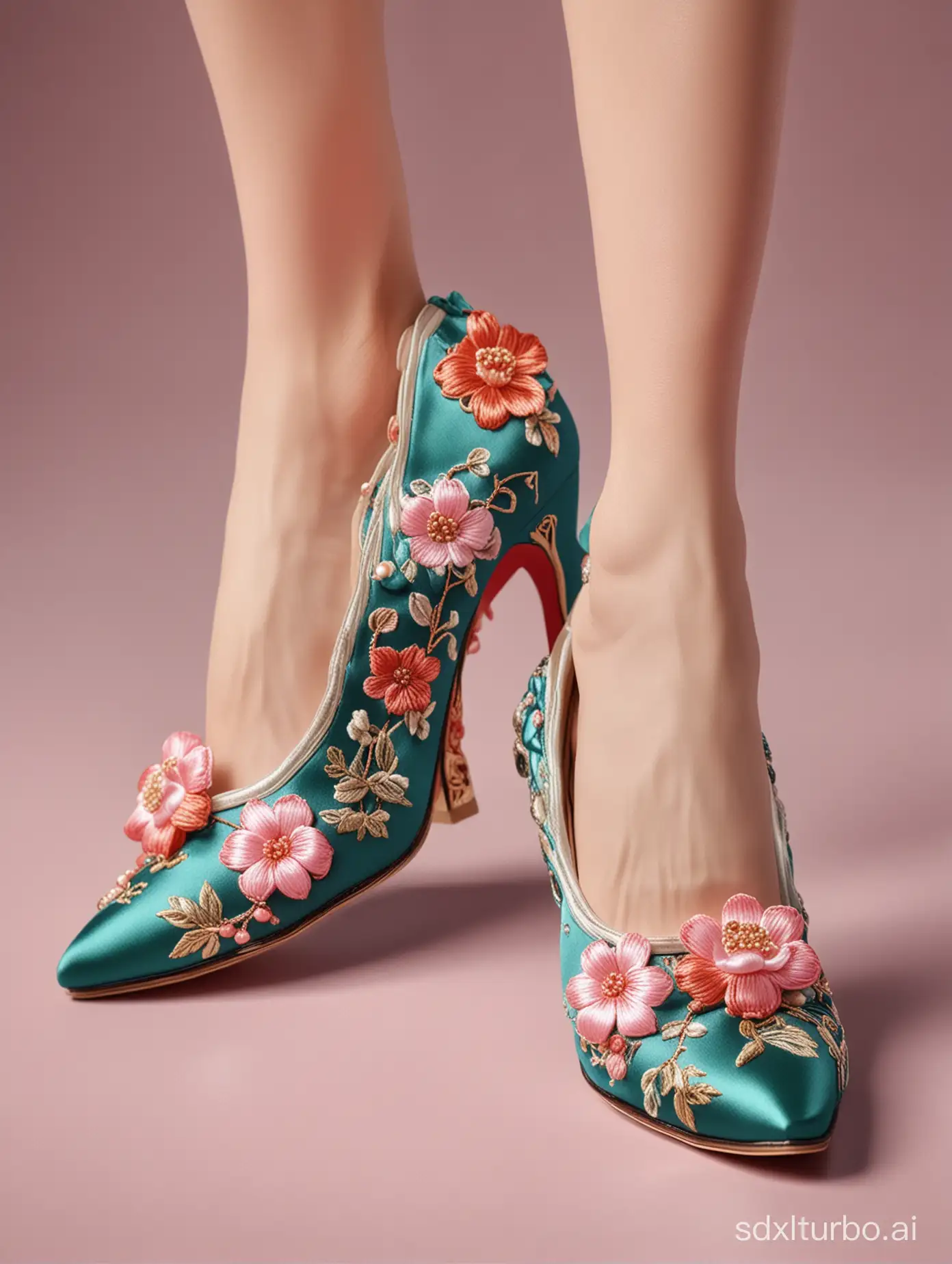 A pair of exquisite and beautiful high-heeled shoes for ladies, embroidery, Chinese knots, tassels, silk, jade ornaments High-definition photography, high-quality 8K pure color background