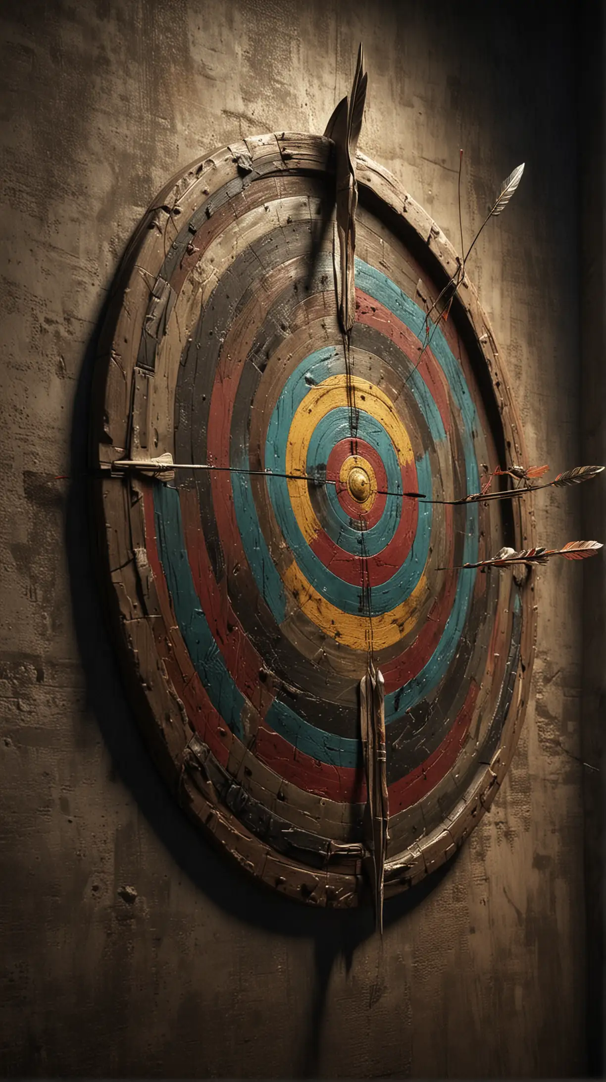 An ancient arrow is piercing through the target perfectly is portrayed ,symbolizing the successful hit and accomplishment of the archer's goal. Highly realistic. Create mildly dark and colourful atmospheric images inspired by noir video games. Use with Vision XL for best results.